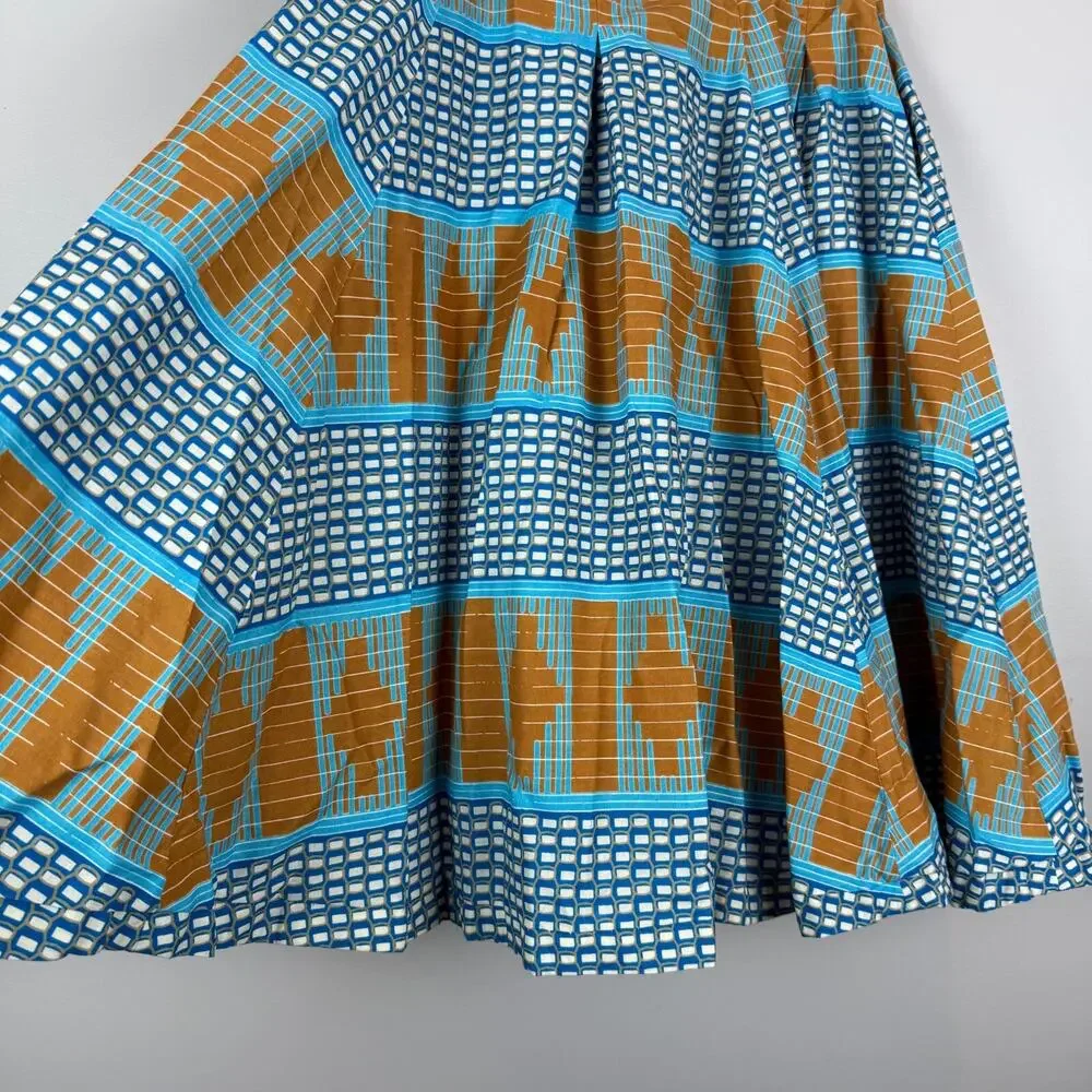 Francis + Benedict A-Line Skirt Women's Small Blue Brown Geo Pleated Togo Africa